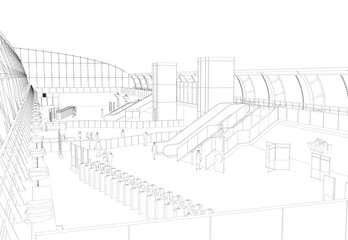 The outline of the station from black lines isolated on a white background. Airport terminal with people. 3D. Vector illustration. - obrazy, fototapety, plakaty