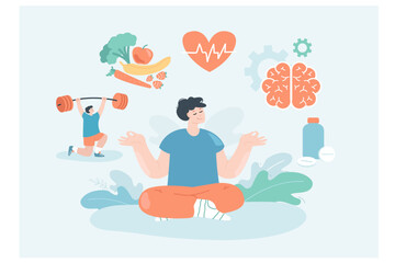 Healthy lifestyle and healing habits of meditating person. Man sitting in lotus position, doing yoga for balance and body health flat vector illustration. Mental health, wellness, harmony concept