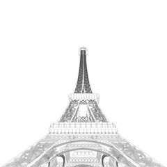 Fototapeta na wymiar Outline of the Eiffel Tower from black lines isolated on a white background. Detailed tower. Bottom view. 3D. Vector illustration.