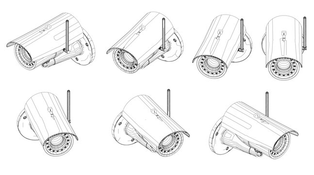 Set with contours of a video surveillance camera in different positions from black lines isolated on a white background. Isometric view rotates right and left. 3D. Vector illustration.