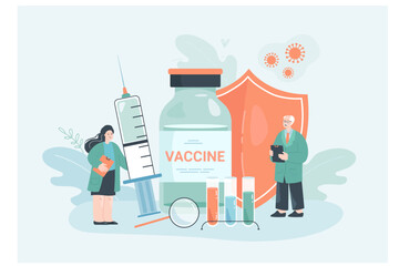 Tiny doctors with shield against viruses, syringe for vaccine. Medical people protecting health from coronavirus disease flat vector illustration. Vaccination campaign, covid prevention concept