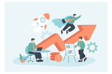 Businessman superhero flying fast with startup rocket into sky. Profit arrow growth and career achievement of successful tiny people flat vector illustration. Entrepreneurship, innovation concept