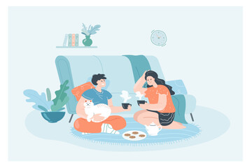 Romantic talk of couple in comfortable home apartment. Man, woman and cat sitting on floor together in hygge interior, people drinking coffee or tea with cookies flat vector illustration. Love concept