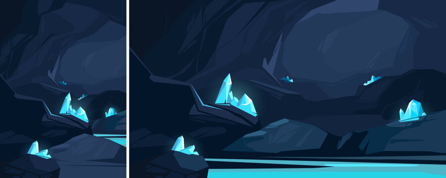 Cave with blue crystals. Underground location in different formats.