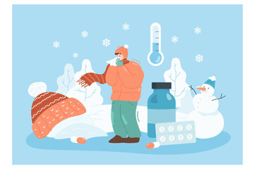 Man with cough, runny nose and sneeze in low temperature. Tiny sick person suffering from cold allergy symptoms in winter season flat vector illustration. Pharmacy, illness, cold allergy concept