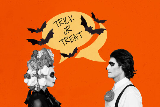 Creative collage picture of two mexican people black white colors look each other speak chatting trick or treat flying bats