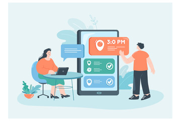Online calendar app with details of meeting for business people. Tiny persons booking event appointment on screen of mobile phone flat vector illustration. Agenda, organizer, daily reminder concept