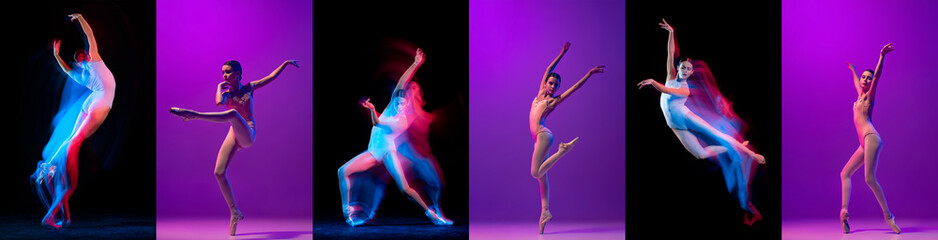 Collage of portraits of female ballet dancers dancing isolated on colorful neon background. Concept...