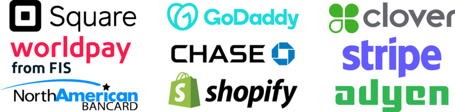 Set of logos on transparent background: Stripe, Shopify, Clover, Adyen, Square, North American bancard, Worldpay, Chase, Go Daddy. PNG