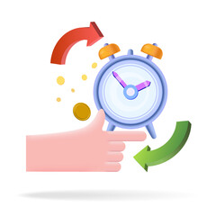 3D cartoon alarm clock. Creative concept, isolated icon, icon, message.

The hand holds the alarm clock. Vector image.