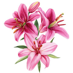 Elegant lilies, flowers on isolated white background, watercolor illustration, greeting card - obrazy, fototapety, plakaty