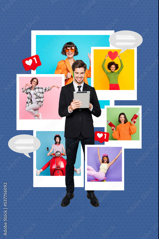Poster banner collage of business person guy use tablet search applicants in company surf net facebook inst