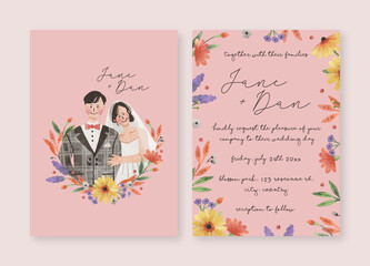 Wedding invitation card set with cute hand drawn floral watercolour