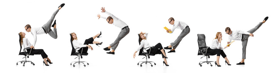 Confrontation. Expressive and flexible office workers in business clothes in motion, action isolated on white background. Creative collage.
