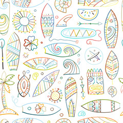 Surf boards collection, surfing time. Hawaii seamless pattern design for fabric, wallpapers etc. Vector illustration