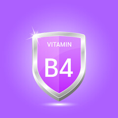 Vitamin B4 shield with purple atom. Vector illustration 3D. Protect body stay healthy, protection from chemicals entering body. For nutrition products food. Medical scientific concept. Drug business.