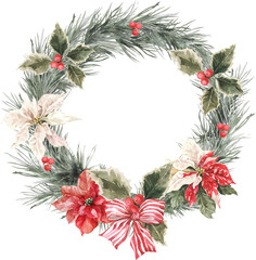 Festive Watercolor Christmas Poisentia New Year Tree Winter Wreath Frame Arrangement 