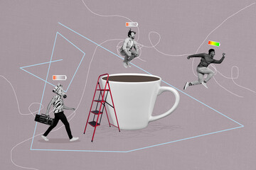 Creative photo 3d collage image artwork caricature of young tired person revive alive after coffee isolated on painting background