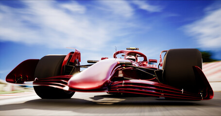 Speeding Sports Red Car Drive Racing Along the Track to the Finish Line. Dynamic Front View Camera. Speed and Sport Concept. 3D Rendering