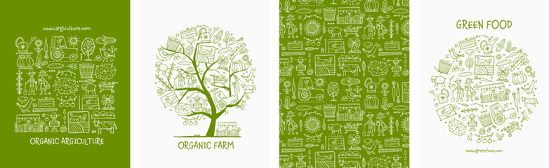 Organic Farm Background For your Design. Harvest Festival. Agriculture collection. Organic farming eco concept. Fresh products, locally grown and organic food. Farmer's Market. Set of 4 concept art