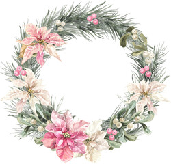 Festive Watercolor Christmas Poisentia New Year Tree Winter Wreath Frame Arrangement 