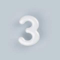 3D White plastic number 3 with a glossy surface on a gray background.