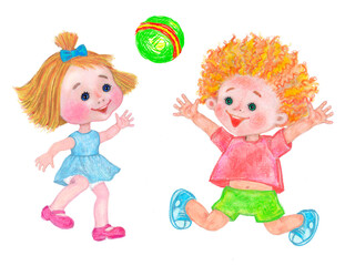 A boy and a girl are playing ball.