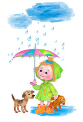Girl with a teddy bear under an umbrella with a dog.