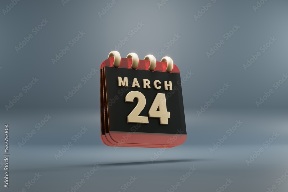 Poster standing black and red month lined desk calendar with date march 24. modern design with golden eleme