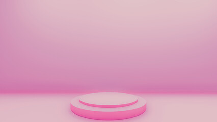 Empty podium or pedestal display on pink bakcground with round box stand concept. Blank product standing backdrop