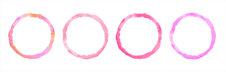 Watercolor vector pink round thin frames set, collection. Circle, ring shape, uneven artistic brush drawn edge. Light rose, magenta watercolour stains abstract text template, hand drawn background.