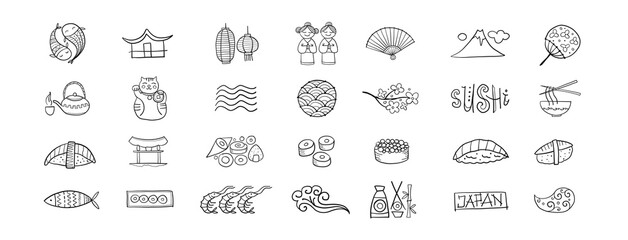 Japaneese Food and Traditions concept art. Menu restaurant. Sushi set. Icons collection for your design