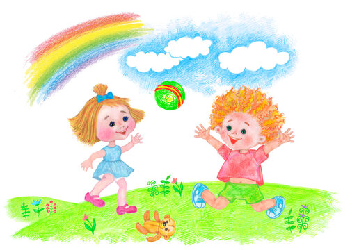 A boy and a girl are playing ball under the rainbow.