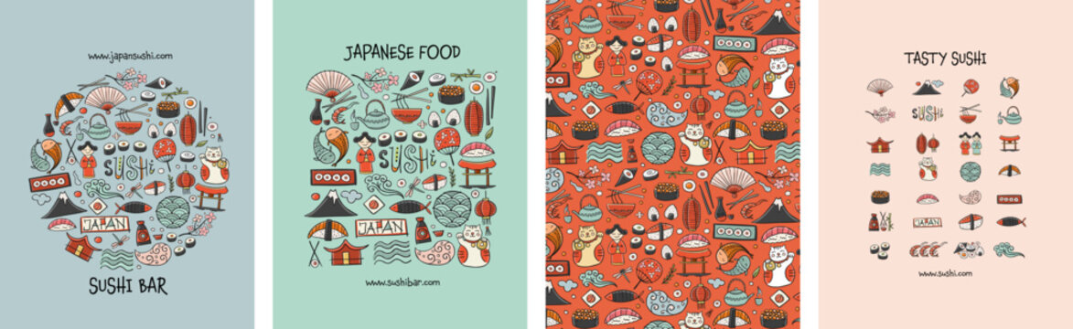 Concept Art, Japaneese Food and Traditions. Frame, background, tree, icons. Set for your design project - cards, banners, poster, web, print, social media, promotional materials. Vector illustration