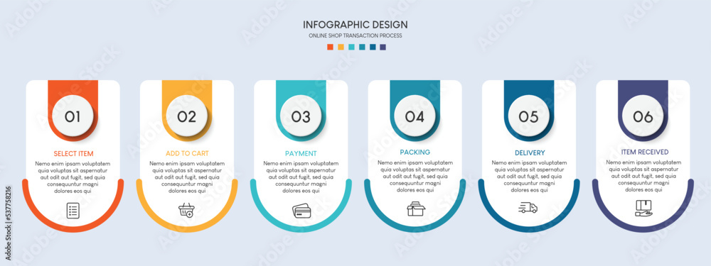 Poster process of online shopping with 6 steps. steps business timeline process infographic template