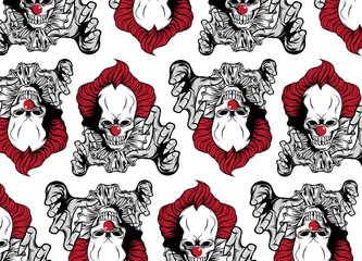 Halloween with scary clown skulls faces seamless pattern