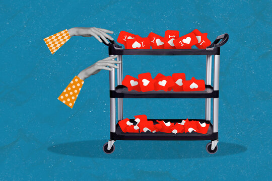 Creative abstract template collage of marketing content strategy manager hands waiter cart serve likes hearts notifications bubbles - Powered by Adobe