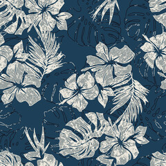 Blue hibiscus flowers tropical leaves wallpaper grunge Hawaiian style vector floral seamless pattern - obrazy, fototapety, plakaty