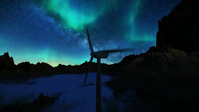 Aurora borealis over mountain peaks, fly towards maintenance workers on top of a wind turbine, 4K