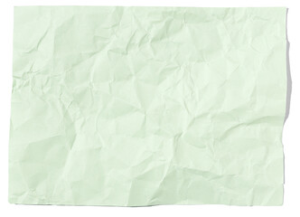 Blank light green crumpled paper sheet isolated on white. Template Mock up
