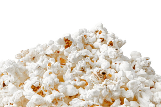 Popcorn close-up. Popcorn isolated on white background. Popcorn foreground.
