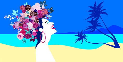 Beautiful young woman tanning at the beach, retro style. Pop art. Summer holiday. Vector eps10 illustration  - 537758812
