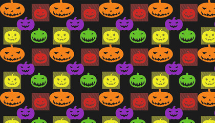 Halloween Pumpkin Seamless Pattern - purple, orange, green, red, and yellow pumpkin on black background