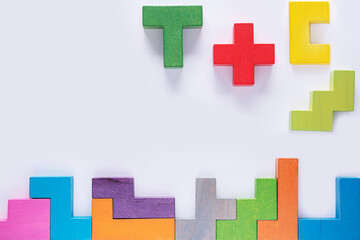Top view on colorful wooden blocks  on white background.