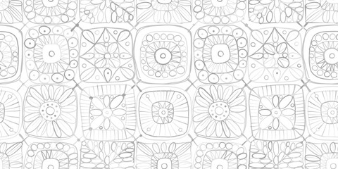 Granny square crochet. Seamless pattern background. Knitted wear. Folk art motif with flowers. Vector illustration