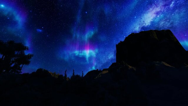 Aurora borealis on starry sky over mountain peaks with tree sihouettes, panning 4K