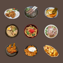 Short Rib Pho, Chicken Nanban meal, Donburi, Ramen, Takoyaki, Nagoya Coochin Tebasaki, Pho Bo.  Set of Japanese food watercolor vector illustration.