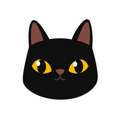 Cute black cat with yellow eyes. Kitten head, face. Dark cartoon character. Kawaii hand drawn illustration.