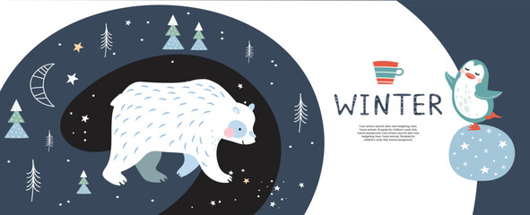 Funny cartoon polar bears, penguins, fir trees and snowflakes. Winter blue background.