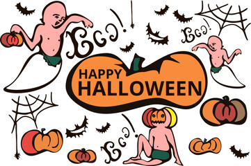 Halloween trick or treat party. happy halloween. Children baby in Halloween costumes set. funny cute baby cartoons. Vector illustration